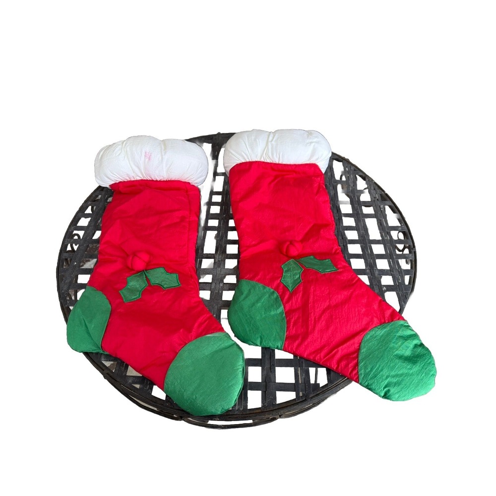 Pair Of Vintage 3D Puffy Nylon Plush Christmas Stocking Cute Holly 16" Red Green